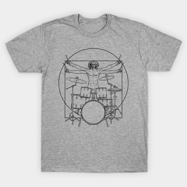 Virtuvian Man Drummer Black T-Shirt by sarahwolffie